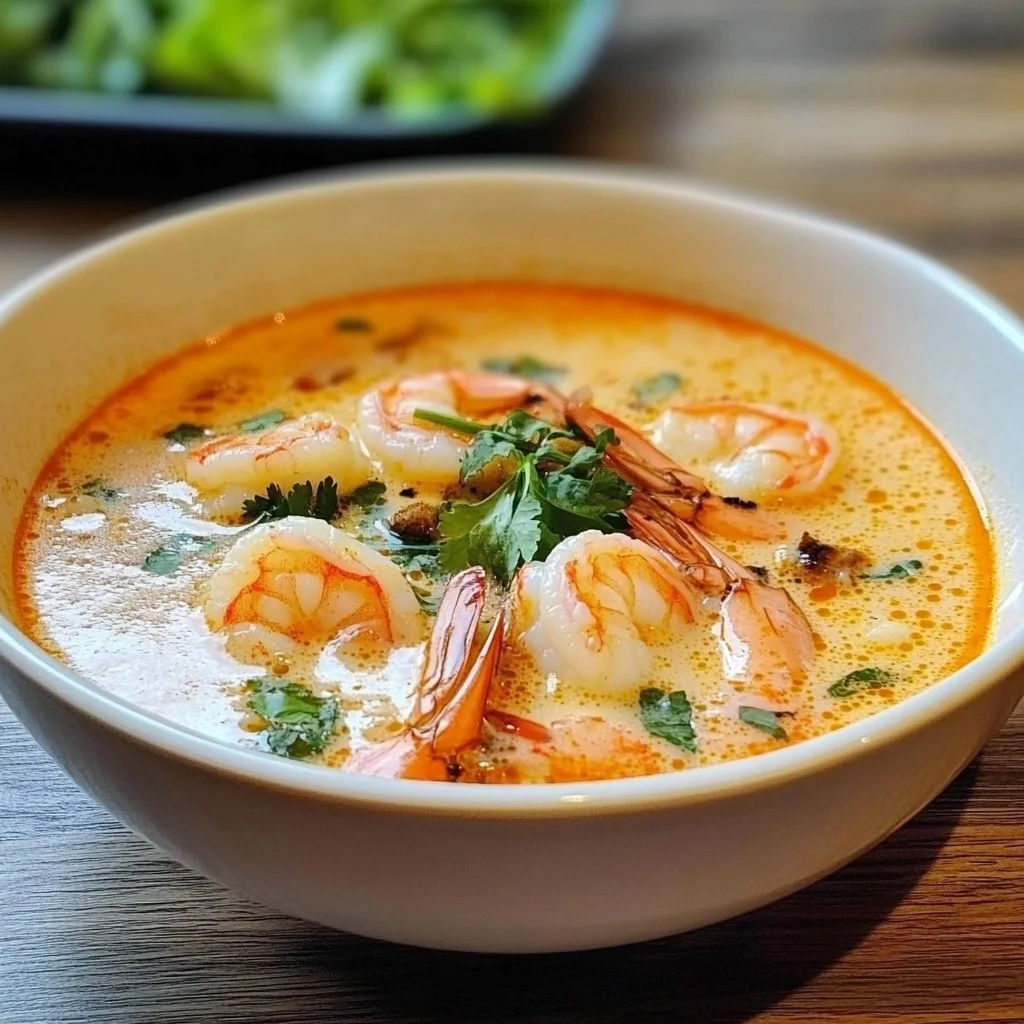 Bowl of rich and creamy Thai coconut soup garnished with herbs