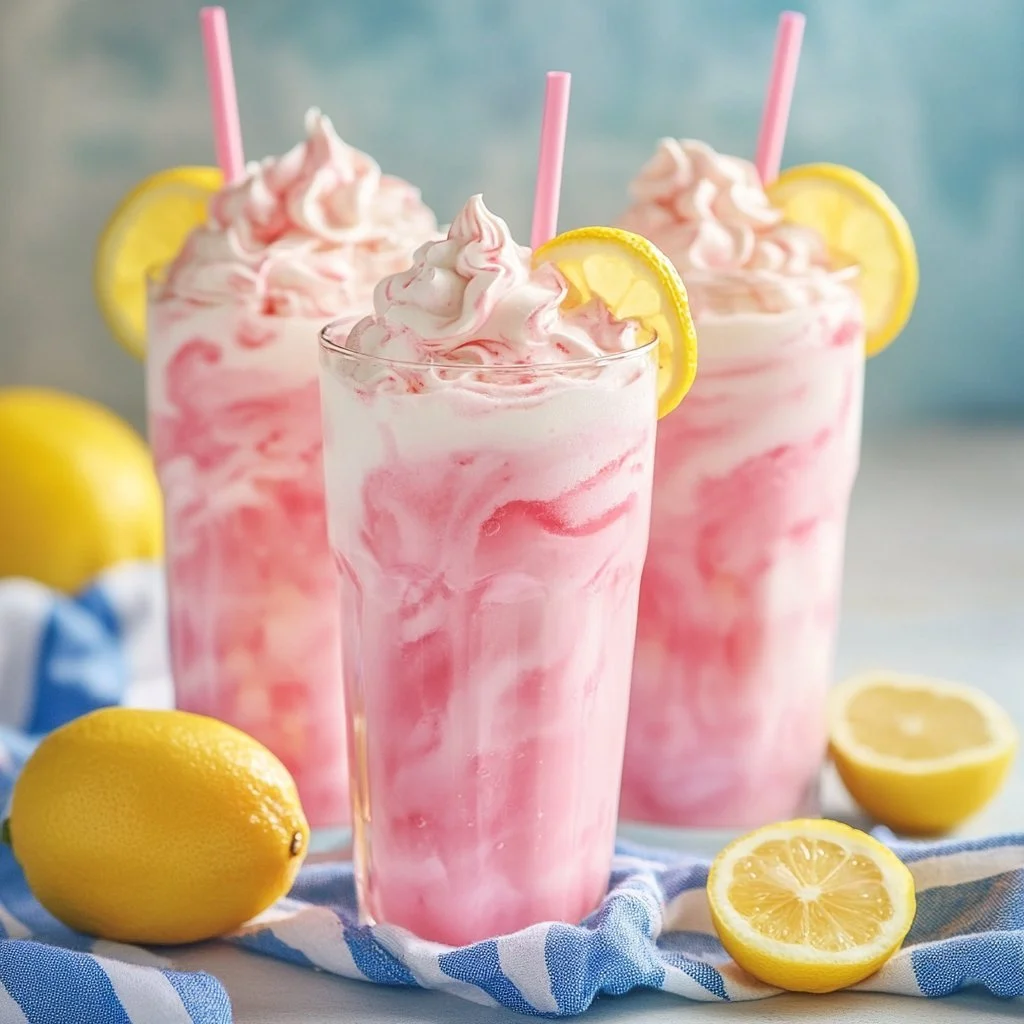 Refreshing whipped pink lemonade served in a glass with ice and lemon slices.