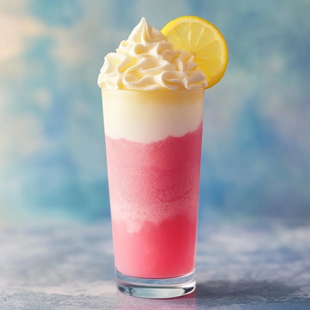 A refreshing glass of whipped pink lemonade garnished with lemon slices and mint.