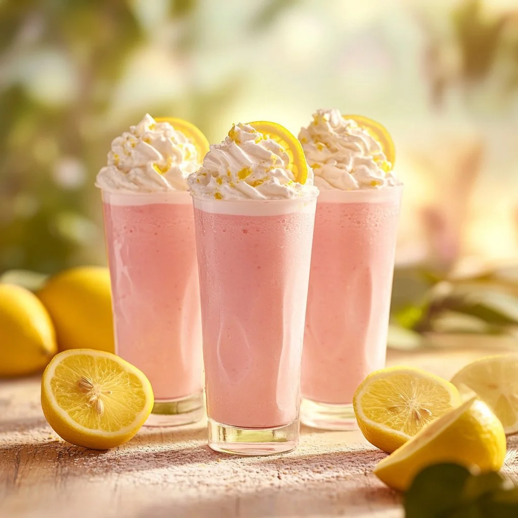 A refreshing glass of Whipped Pink Lemonade topped with whipped cream.