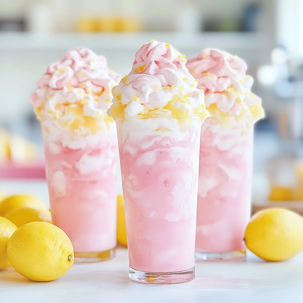 A glass of whipped pink lemonade topped with whipped cream and lemon slices.