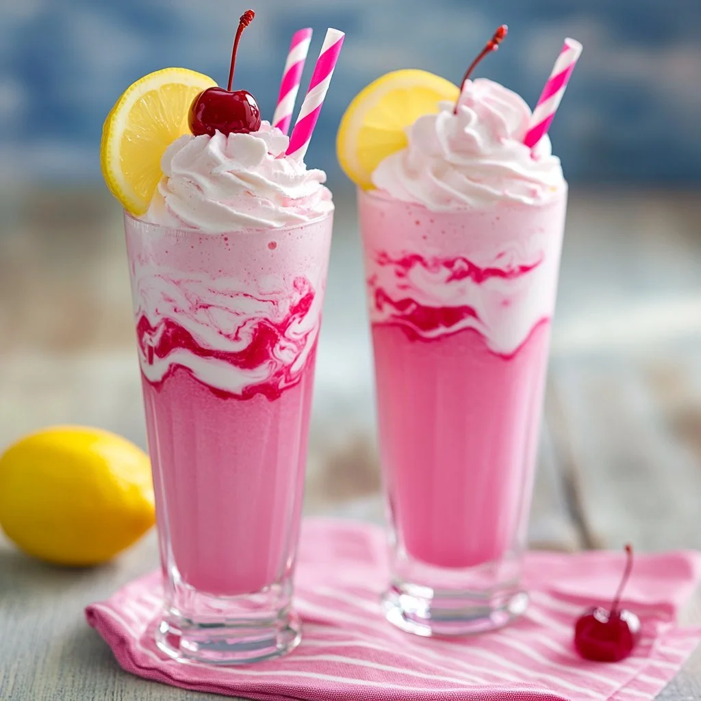 A glass of whipped pink lemonade topped with whipped cream and lemon slices.
