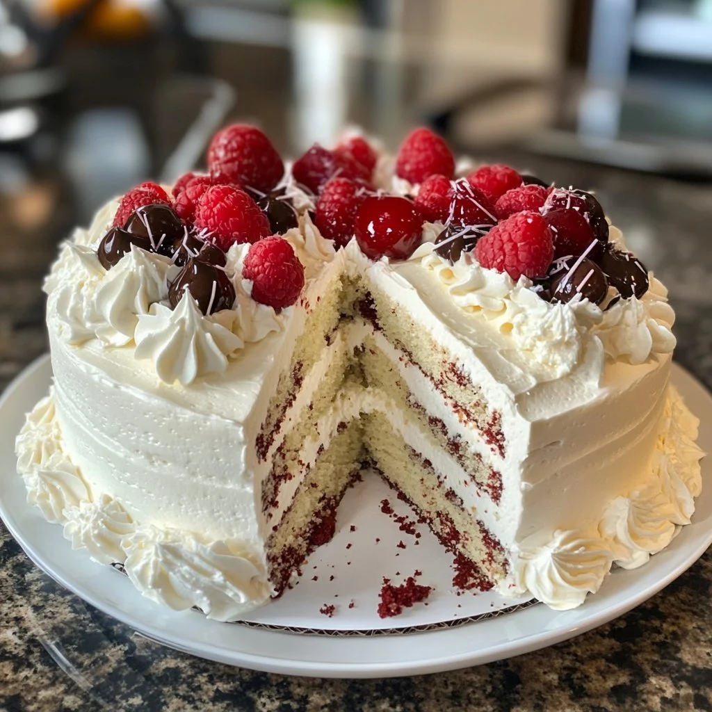 Delicious White Forest Cake decorated with cherries and whipped cream