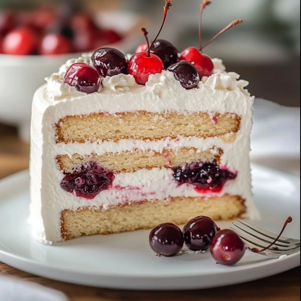 Delicious White Forest Celebration Cake with layers of cream and cherries