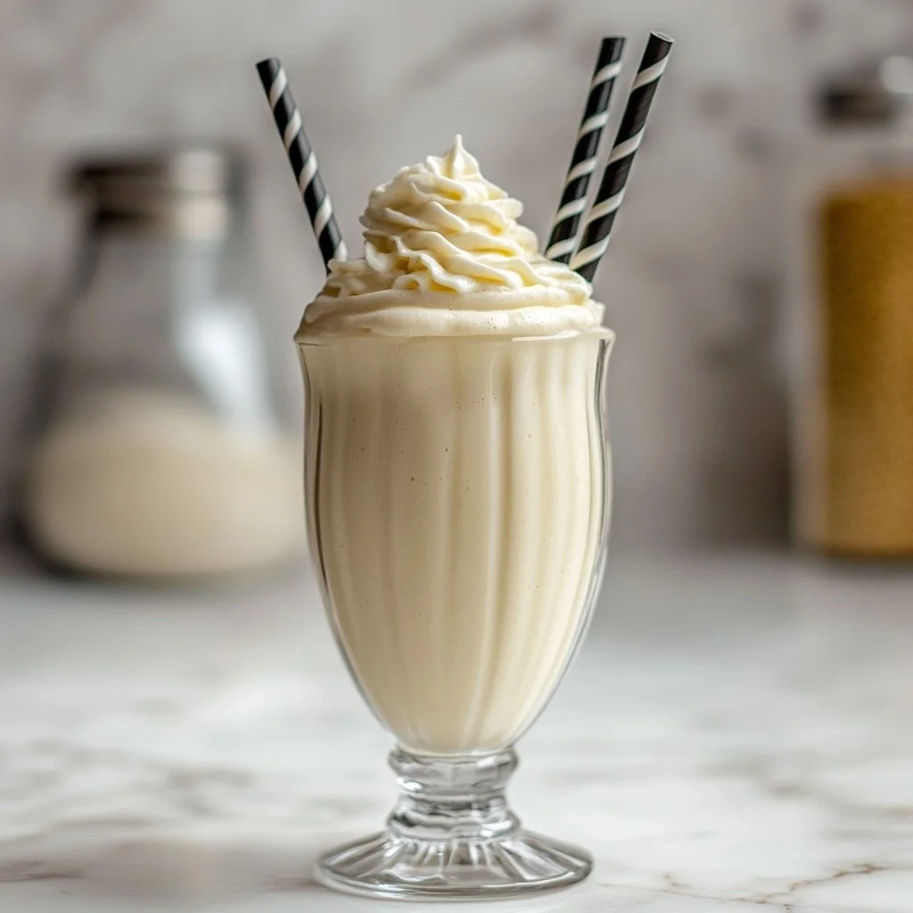 Delicious homemade milkshake in a glass topped with whipped cream and cherry.