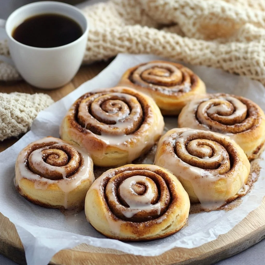 Freshly baked sourdough cinnamon rolls topped with icing on a wooden table.
