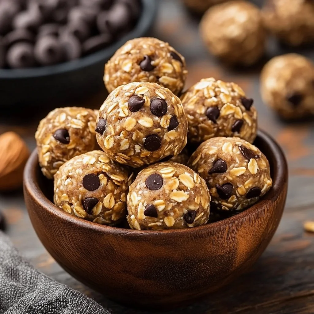 4-Ingredient No-Bake Chocolate Chip Protein Breakfast Balls on a wooden table