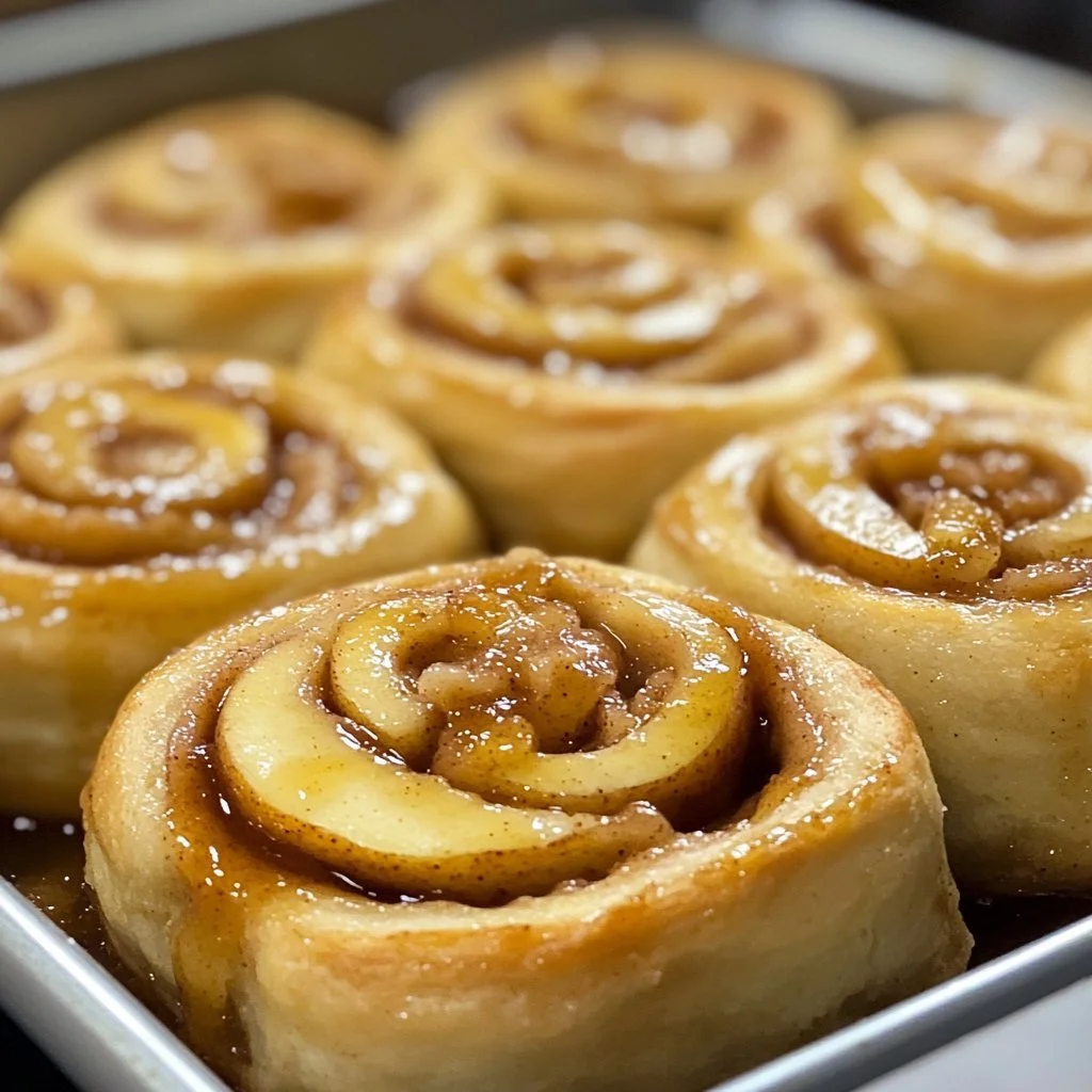 Freshly baked apple cinnamon rolls with icing on top