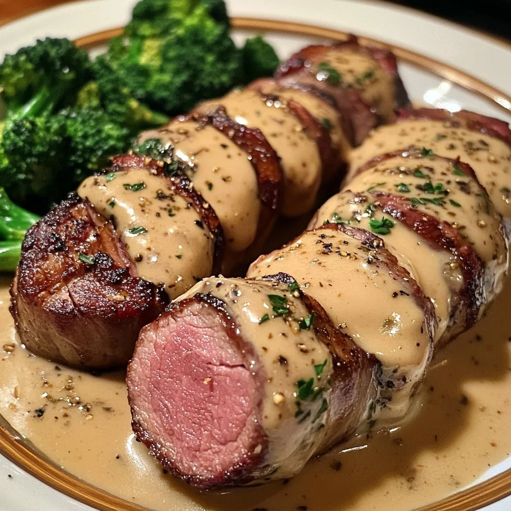 Bacon-Wrapped Venison Tenderloin served with Garlic Cream Sauce on a plate