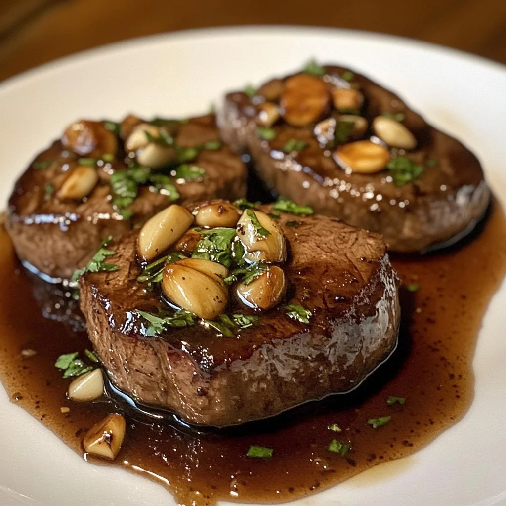 Balsamic-glazed venison steaks served on a rustic wooden platter.