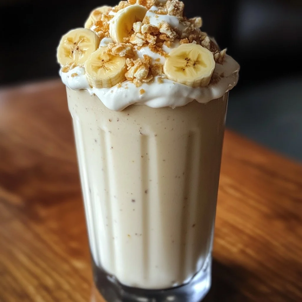 Banana Cream Pie Milkshake topped with whipped cream and bananas