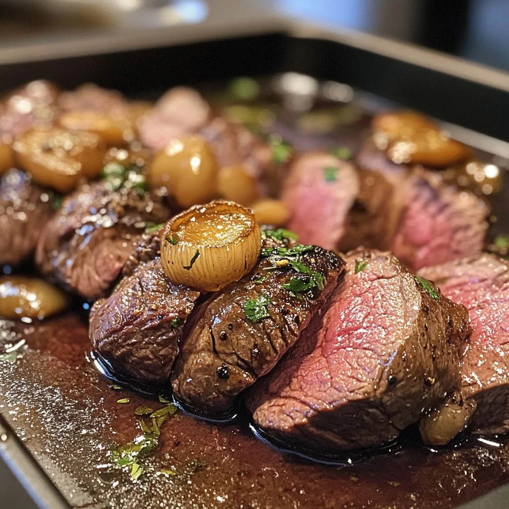 Perfectly cooked beef tenderloin served with gourmet sides
