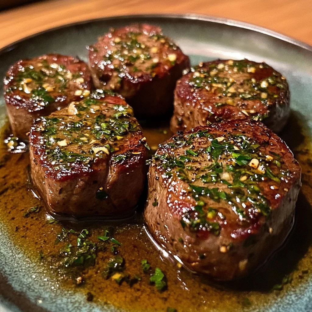 Sizzling beef tenderloin medallions with garlic herb butter garnished beautifully