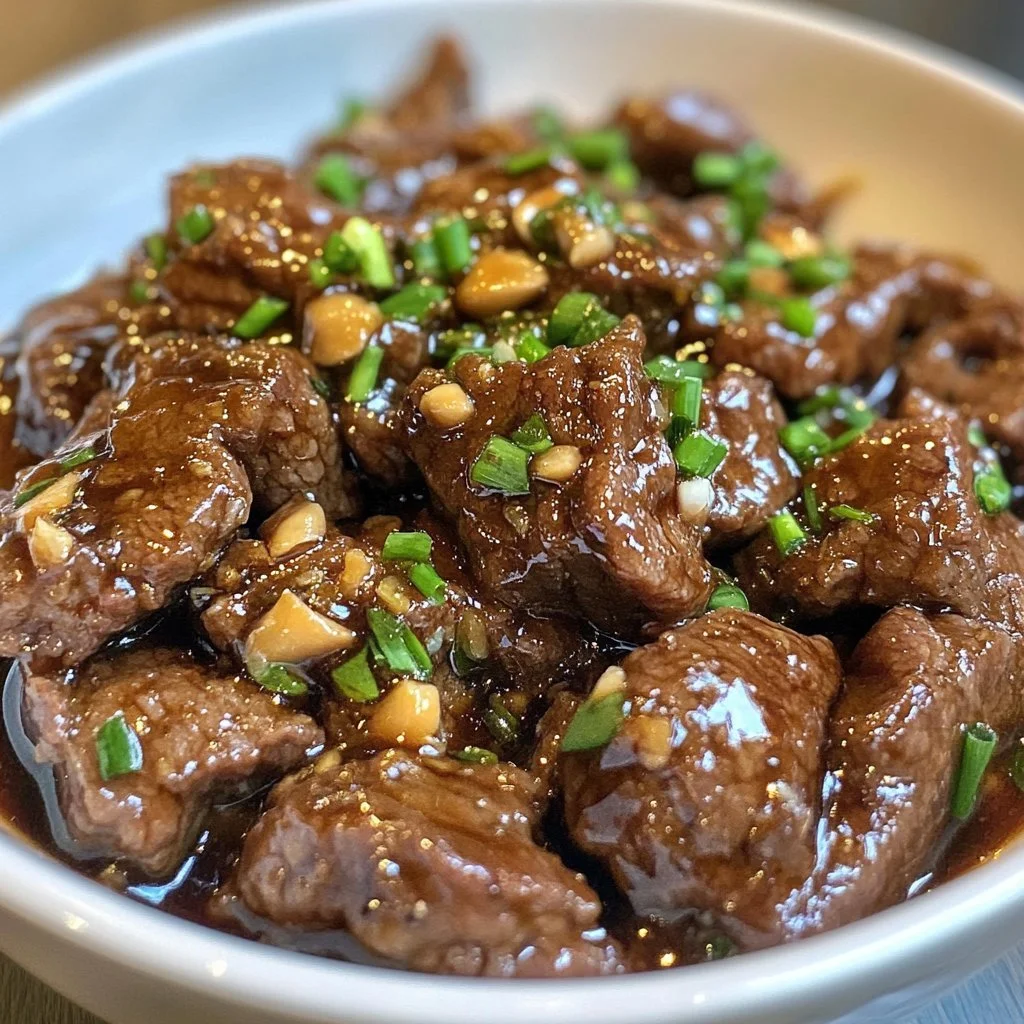 Delicious Beef with Garlic Sauce served over steamed rice