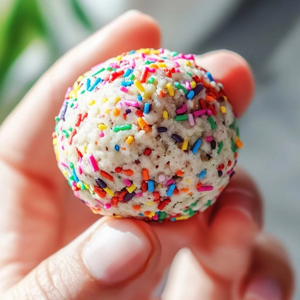 Birthday Cake Confetti Protein Balls topped with colorful sprinkles