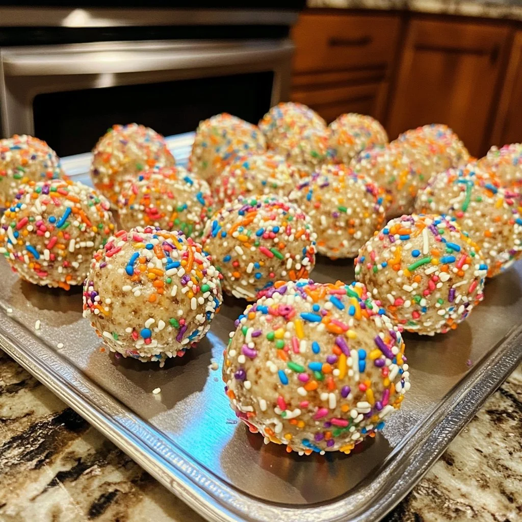 Delicious birthday cake protein balls ready to enjoy as a healthy snack