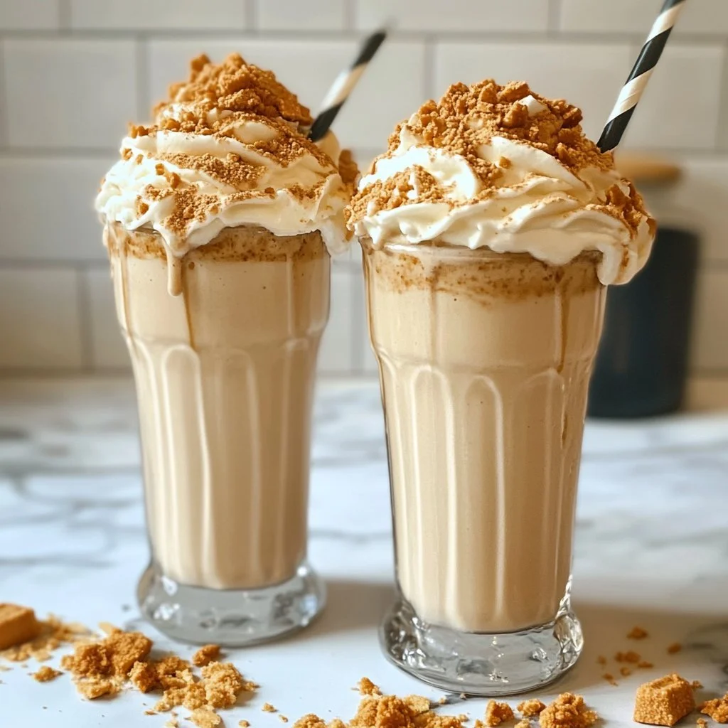 Delicious Biscoff milkshake topped with whipped cream and Biscoff crumbs