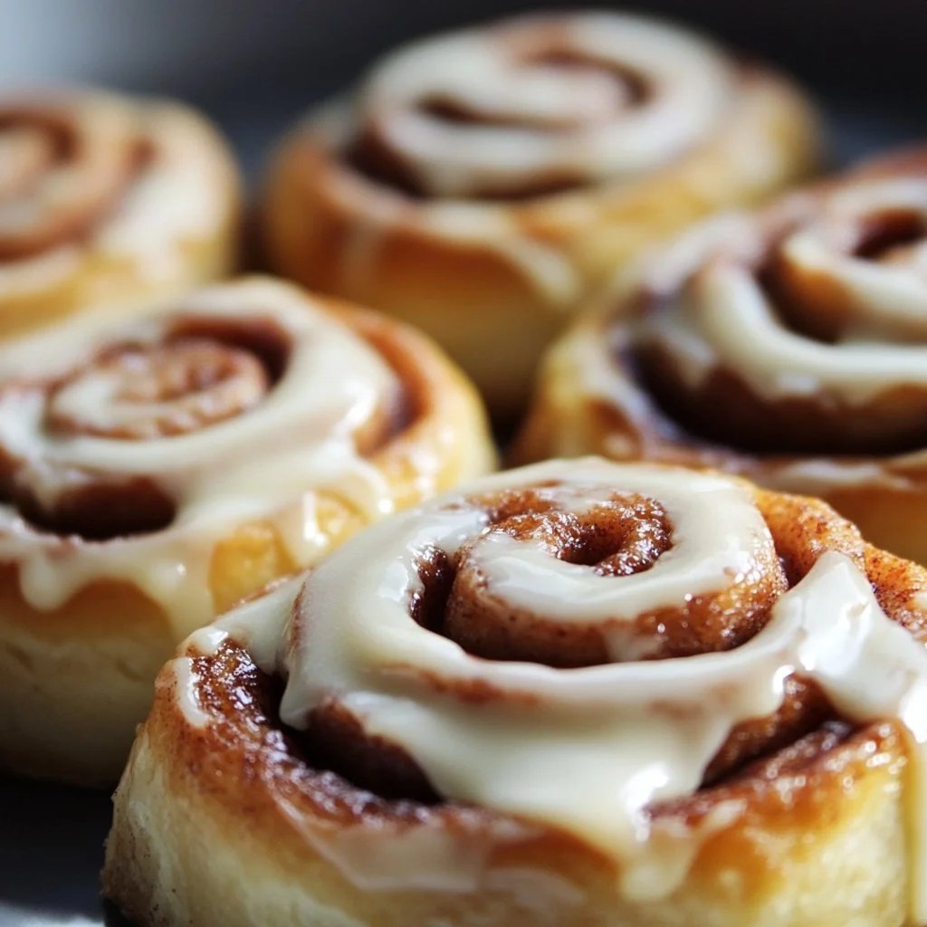 Delicious bread machine cinnamon rolls with cream cheese frosting on a plate