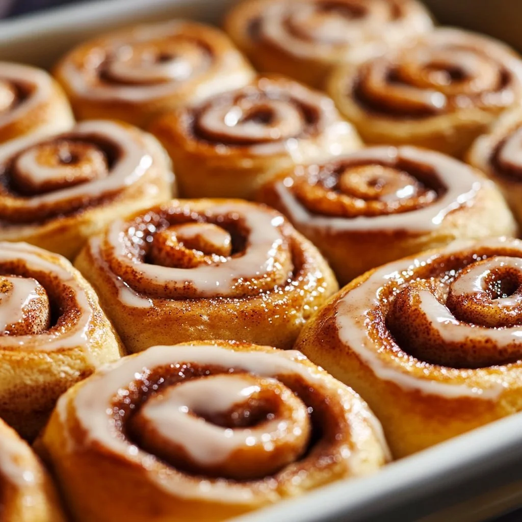 Brown Butter Sourdough Cinnamon Rolls topped with creamy frosting