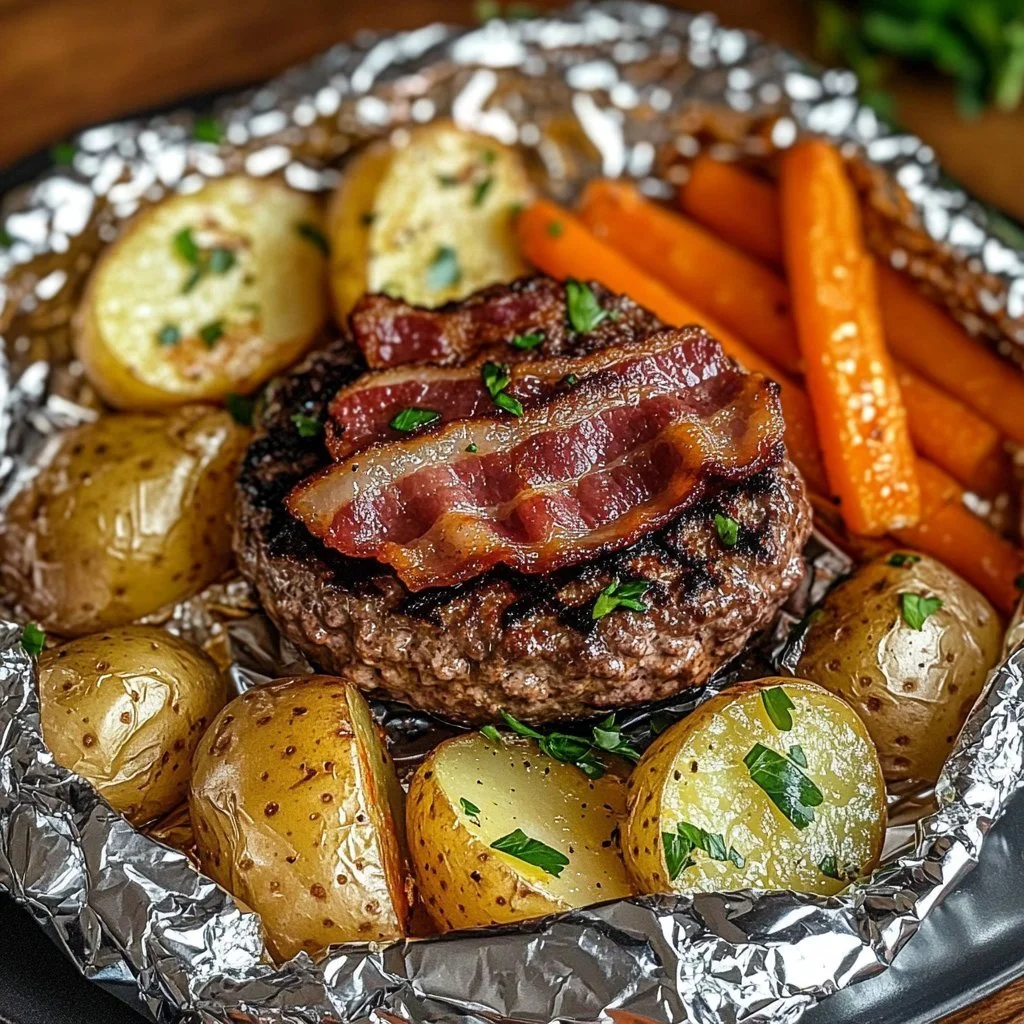 Burger dinner foil packets with juicy burgers and vegetables ready for cooking.