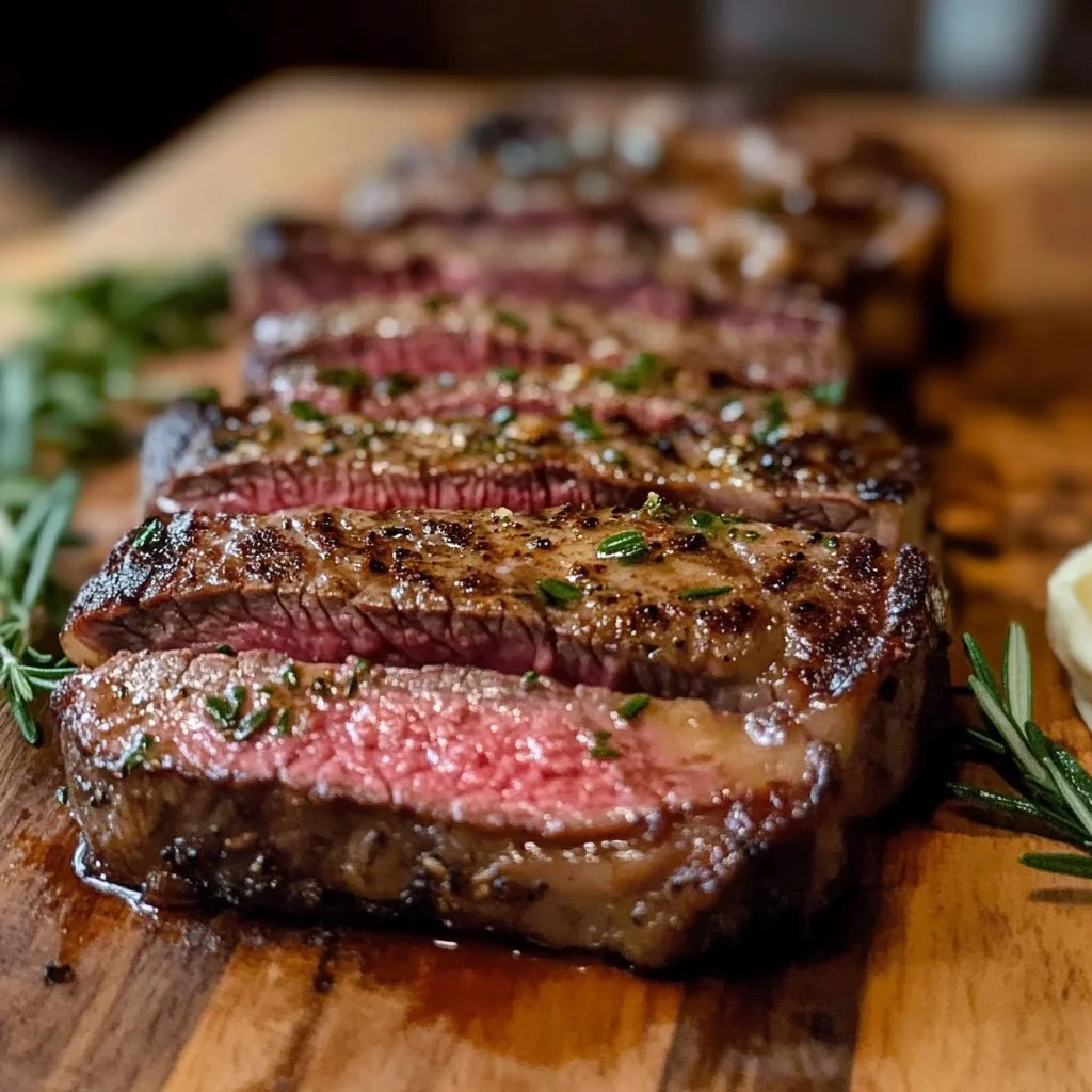 Delicious butter basted rib eye steak served with herbs and butter.
