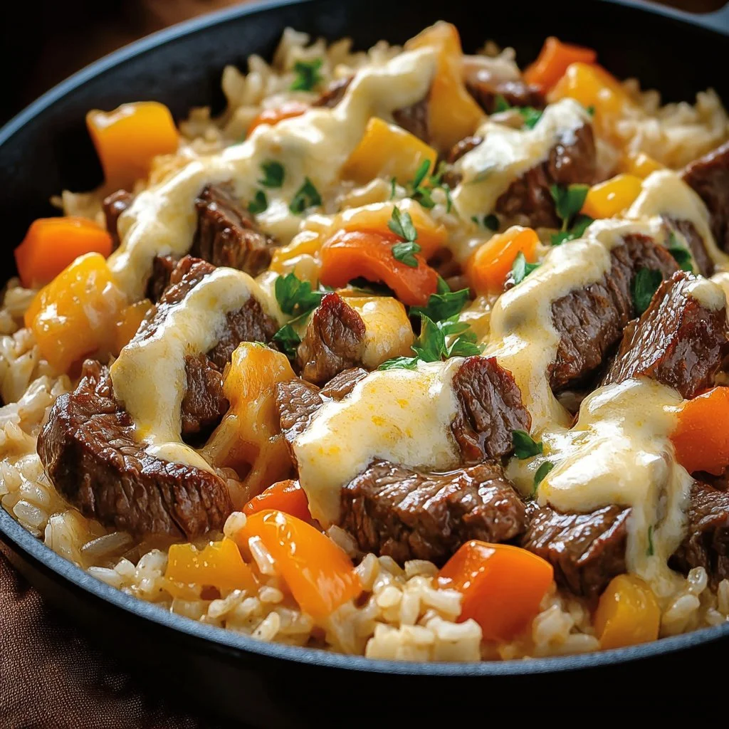 Cheesy Steak and Rice Skillet with perfectly cooked steak and rice
