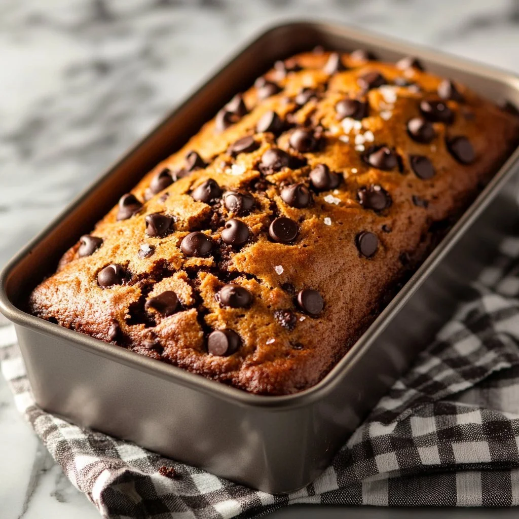 Loaf of Chocolate Chip Sourdough Bread fresh out of the oven.