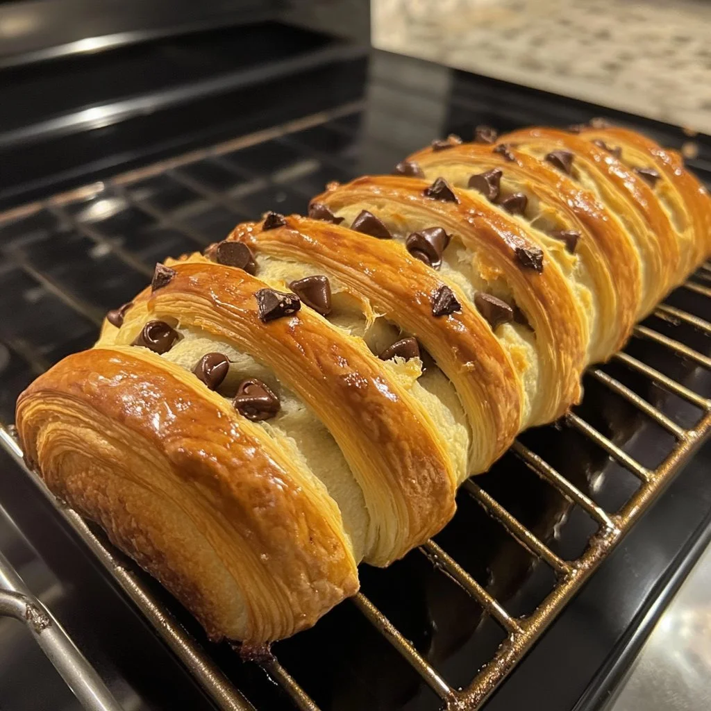 Chocolate chip sourdough croissant with a golden flaky crust