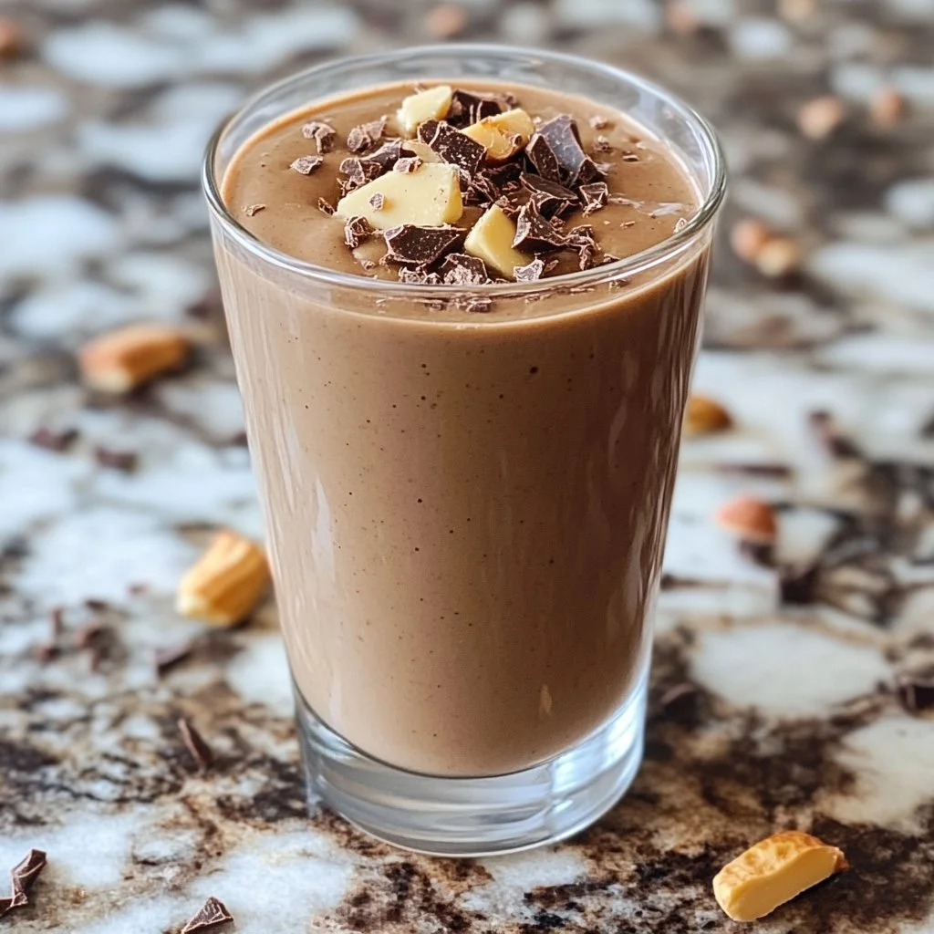 Delicious Chocolate Peanut Butter Smoothie in a glass with a spoon