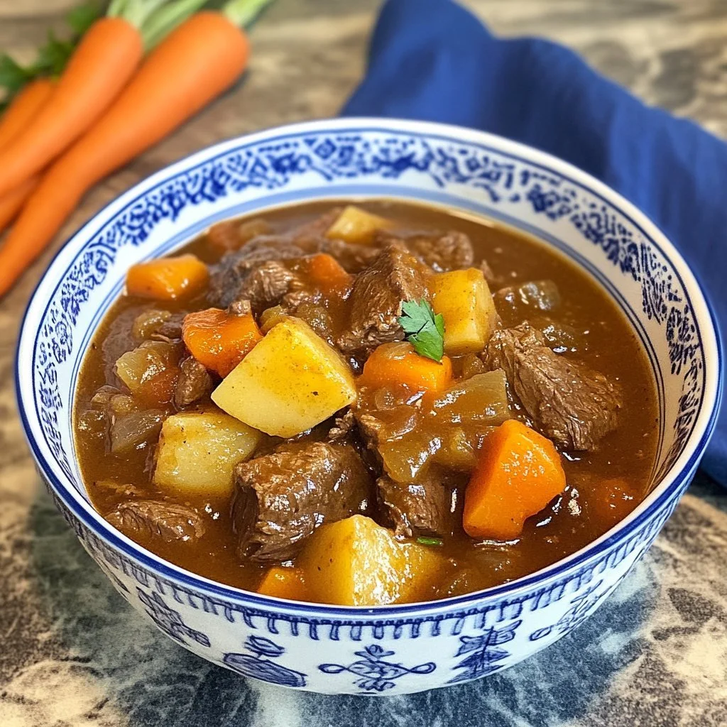Delicious Chunky Venison Stew simmering in a pot with fresh vegetables