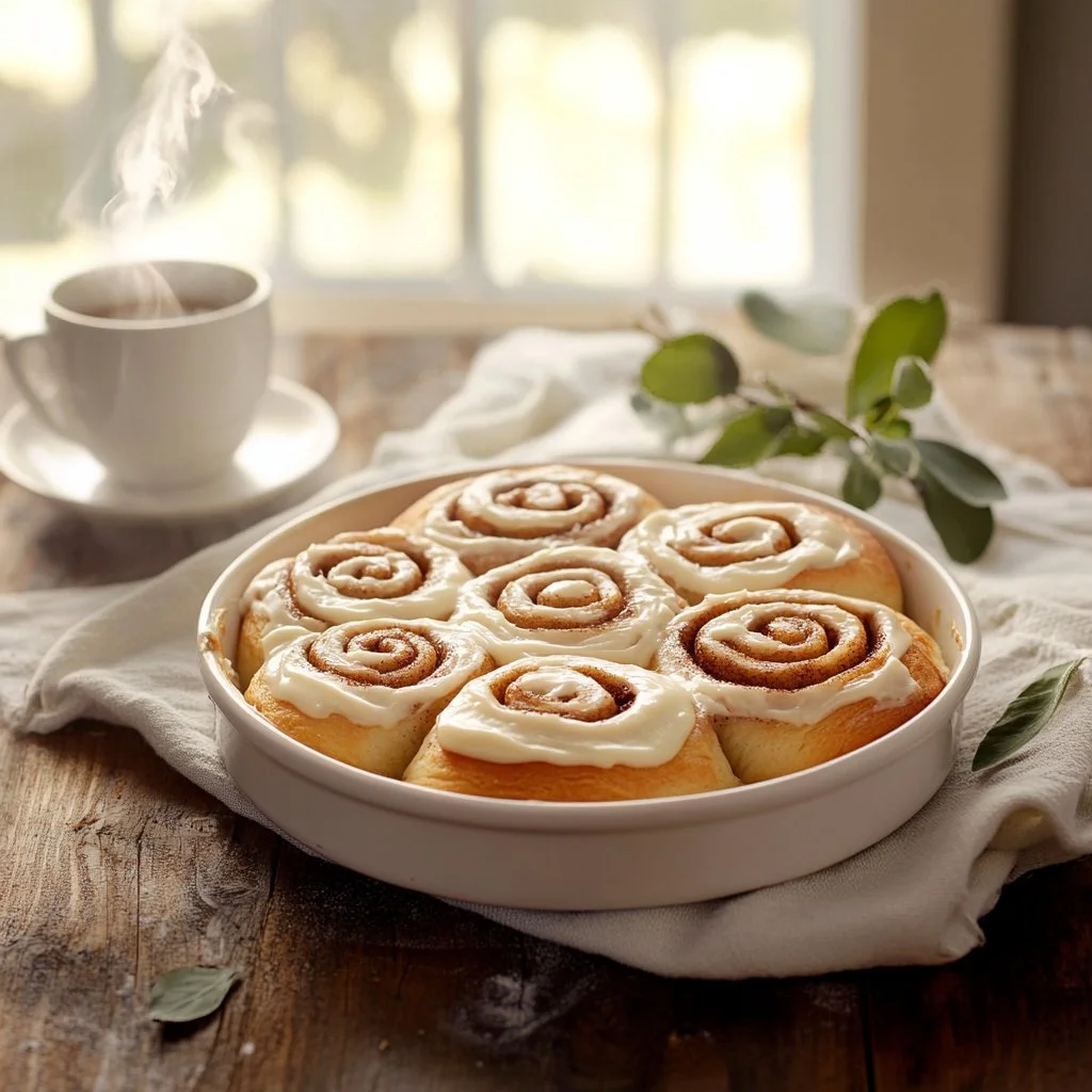 Delicious cinnamon sourdough rolls with creamy frosting on top