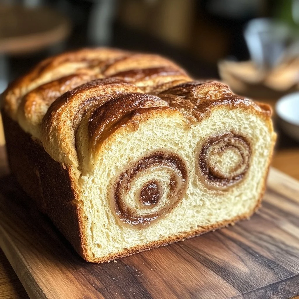 Freshly baked Cinnamon Swirl Sourdough Bread with a swirl of cinnamon filling