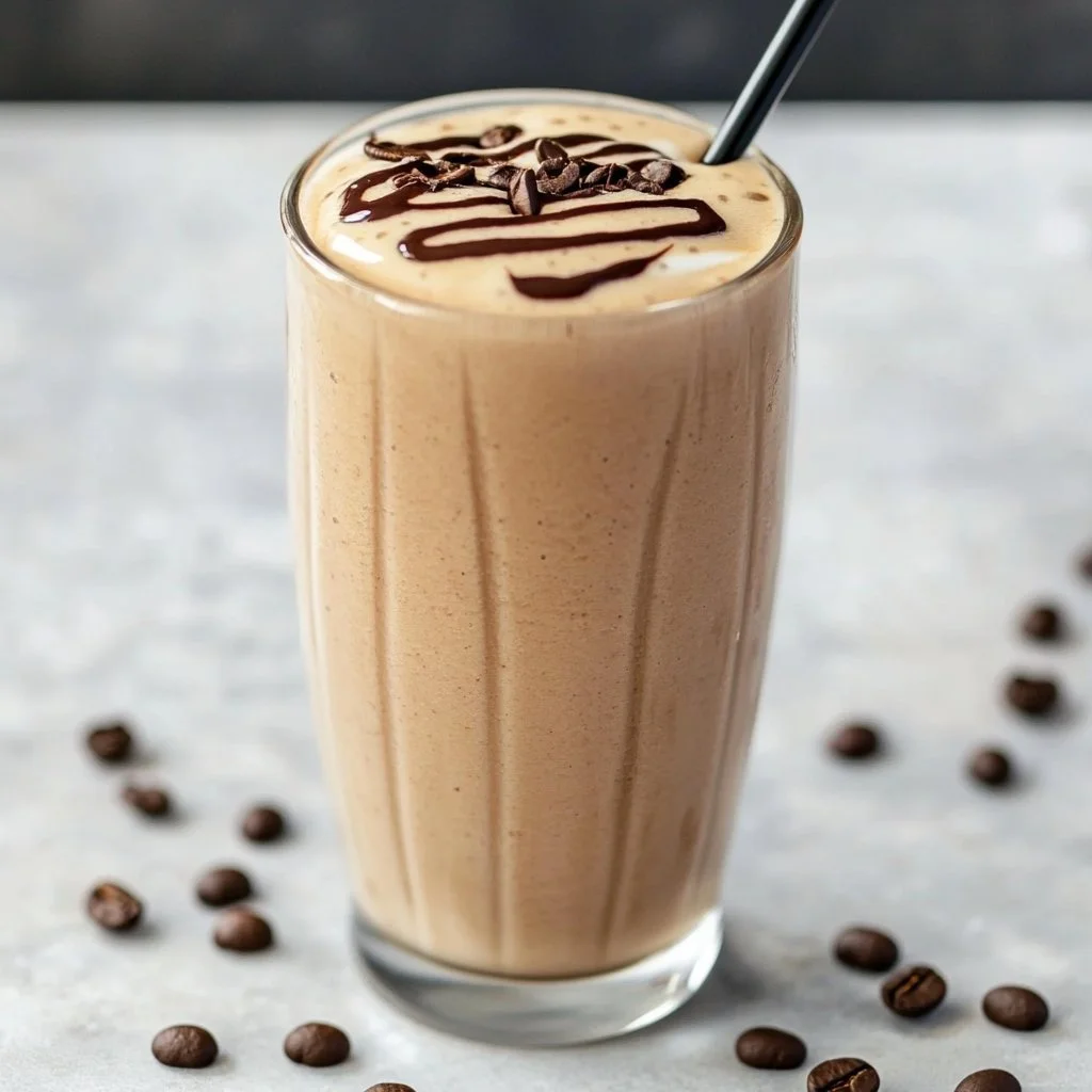 Delicious Coffee Breakfast Smoothie in a glass with coffee beans and oats