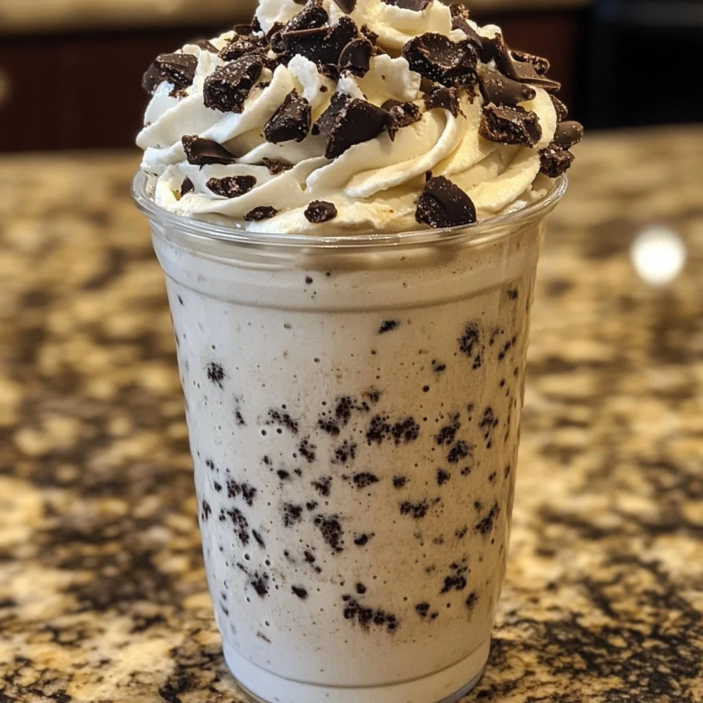 Delicious Cookies and Cream Frappuccino topped with whipped cream and chocolate drizzle