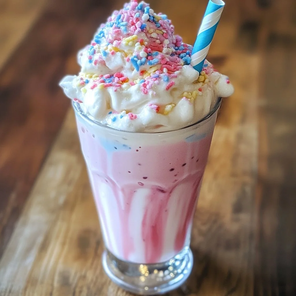 Delicious Cotton Candy Milkshake topped with whipped cream and sprinkles
