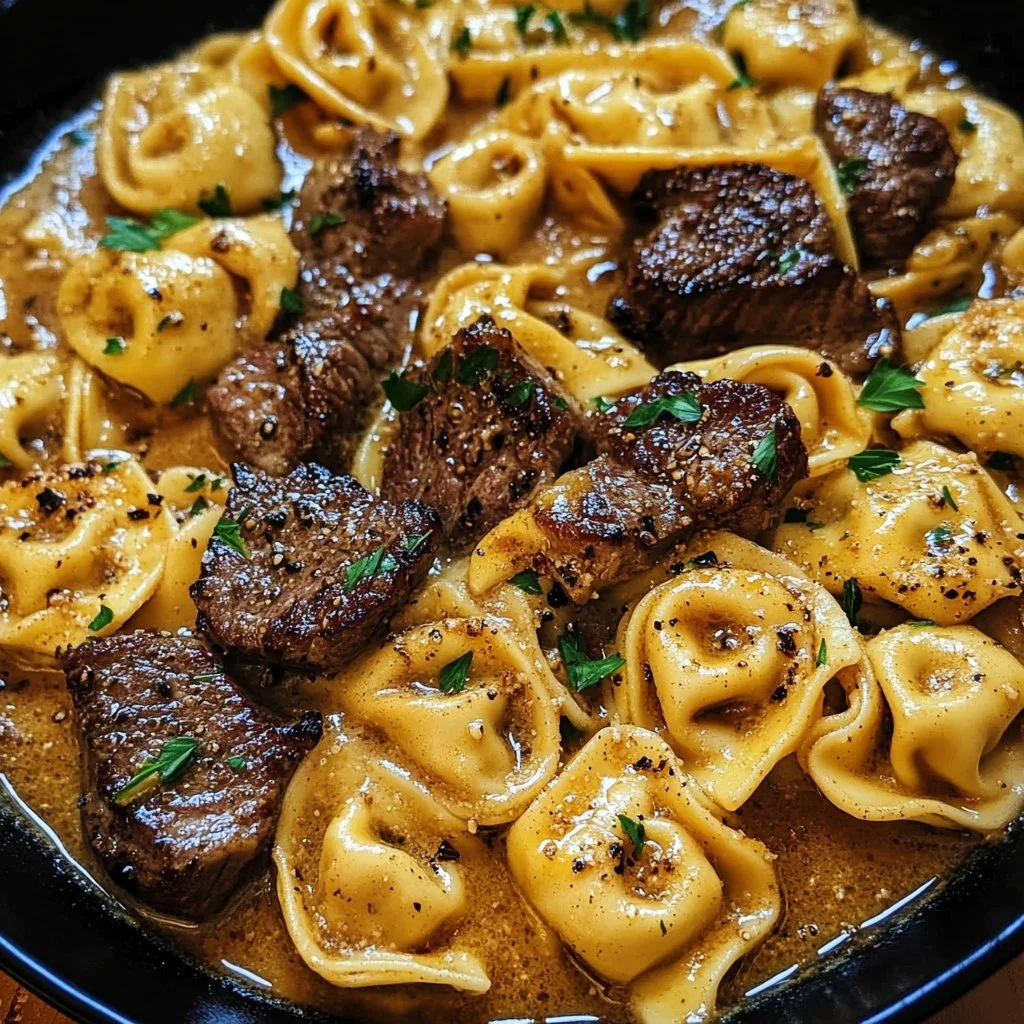 Cracked Garlic Steak Tortellini in creamy sauce ready to be served