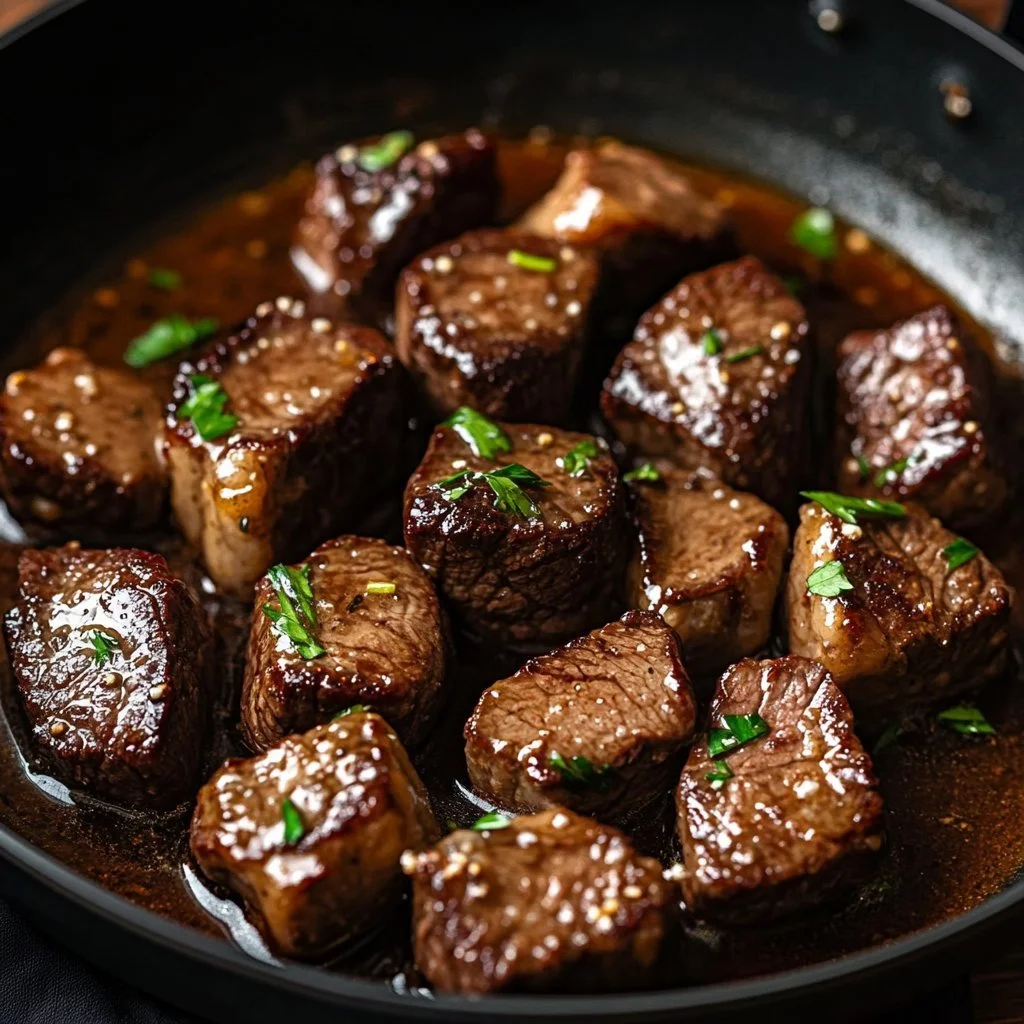 Creamy steak bites served on a plate with herbs and sauce for a delightful meal.