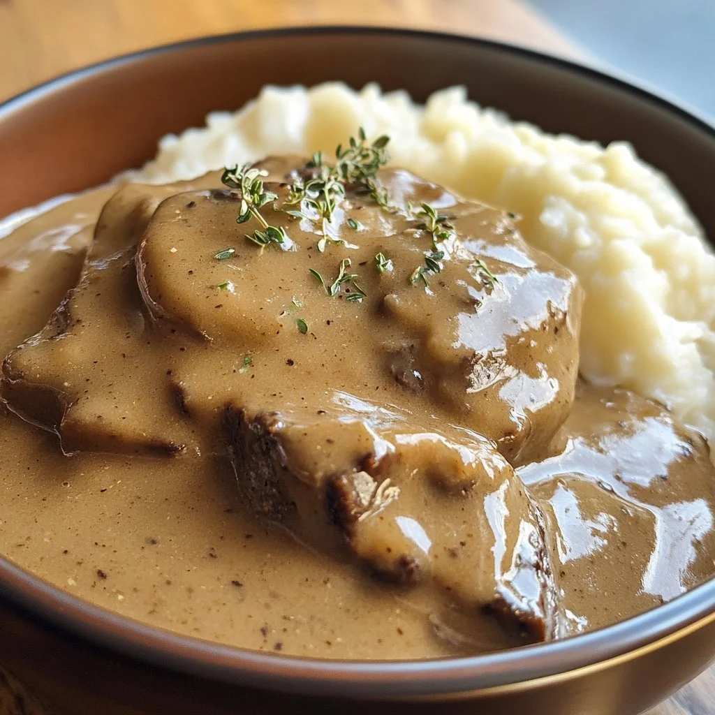 Crock Pot cube steak smothered in rich gravy served on a plate.