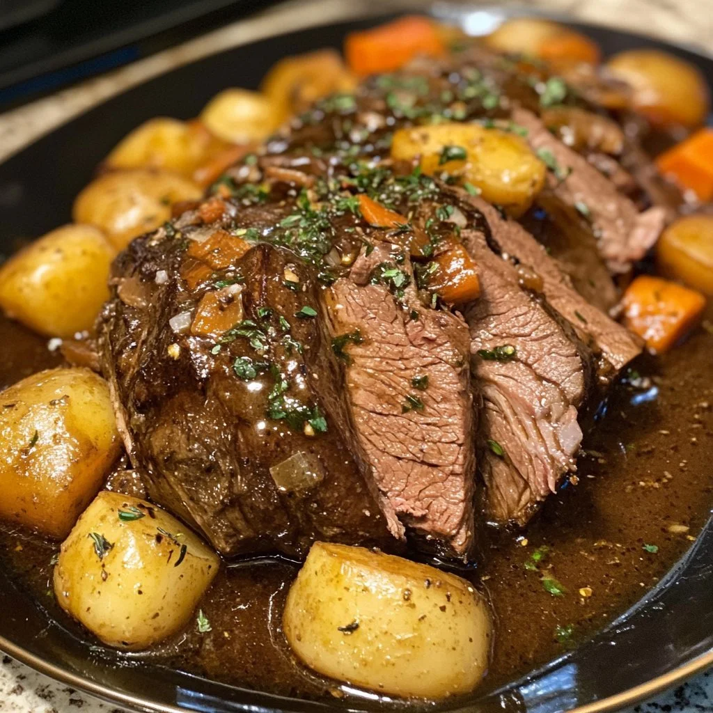 Crock Pot Mississippi Venison Roast served with vegetables and herbs.