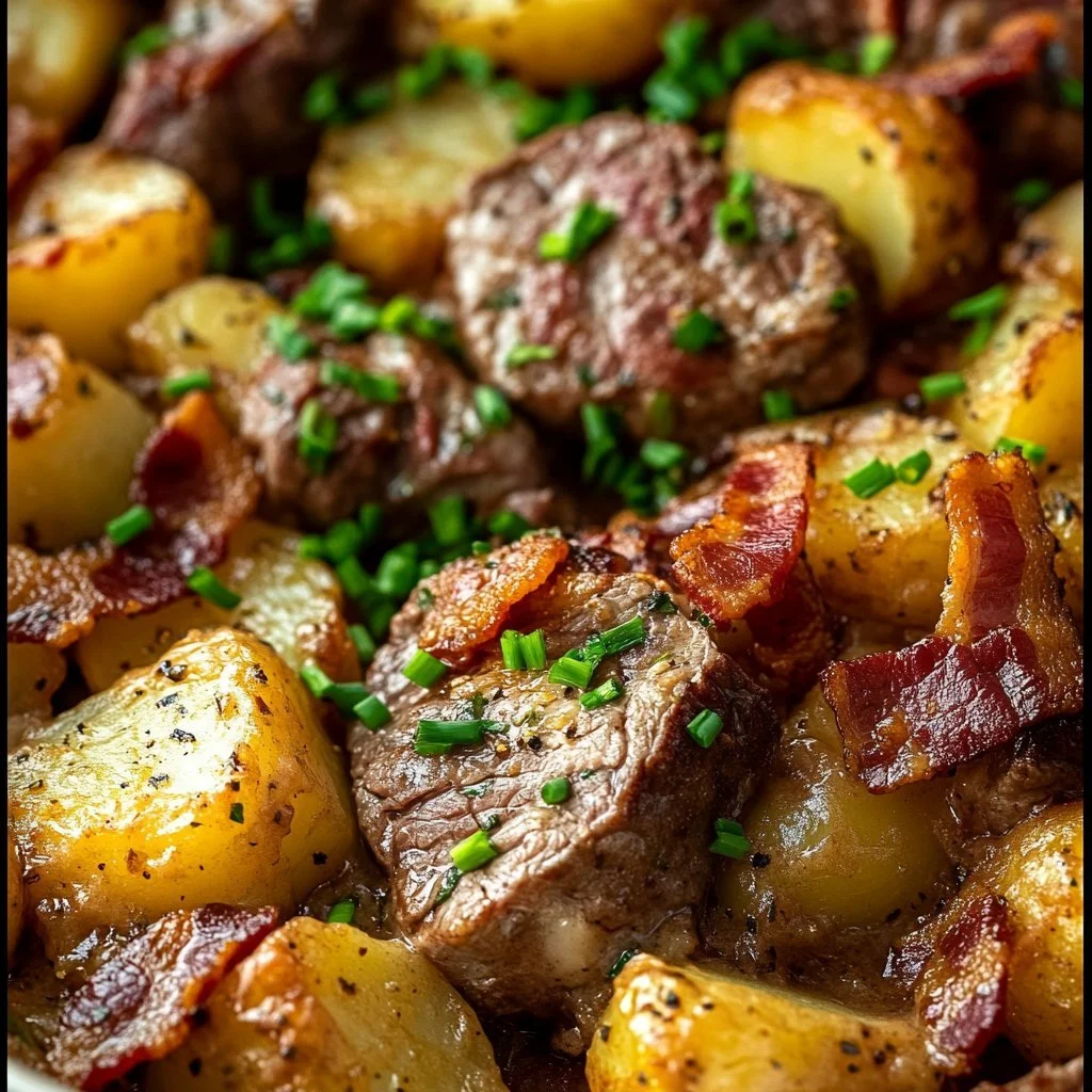 Crockpot Loaded Steak and Potato Bake with cheese and herbs topping