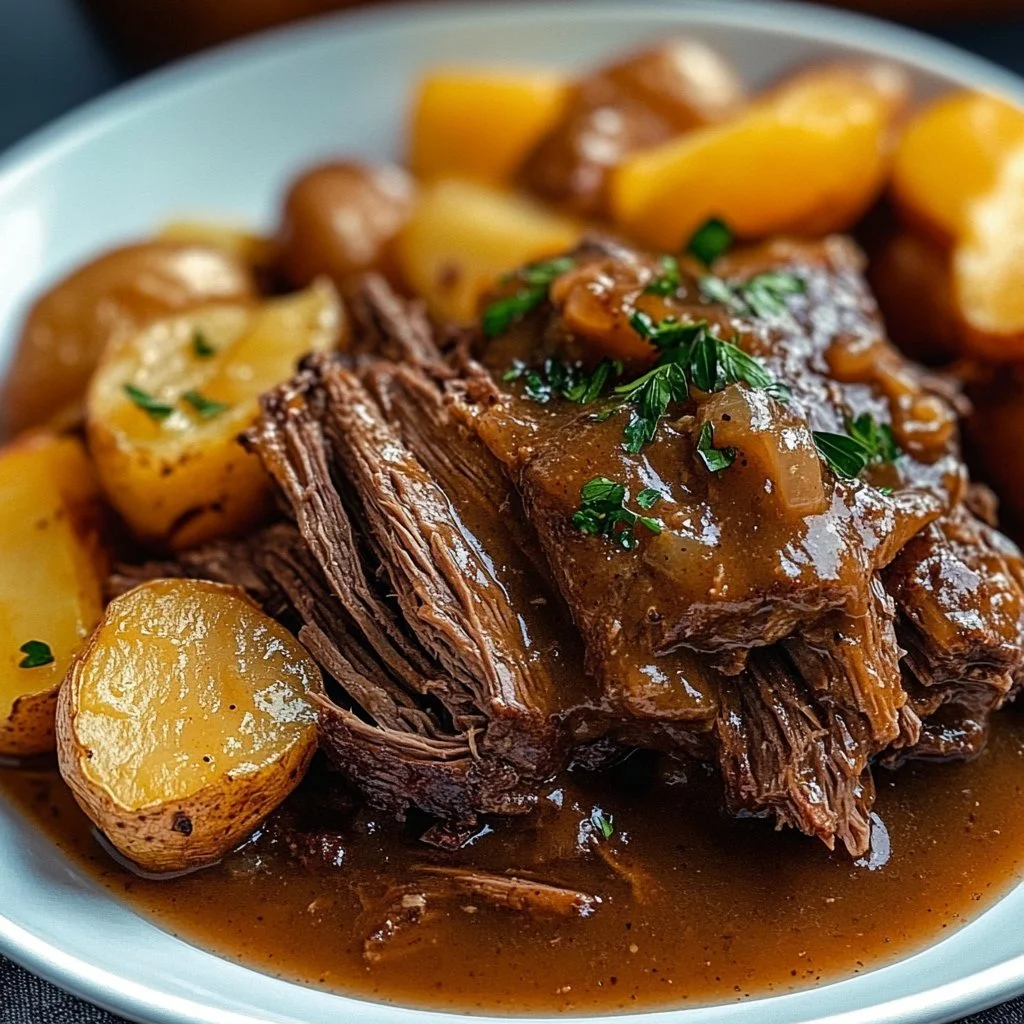 Crockpot pot roast with gravy served on a plate, showcasing tender beef and savory sauce
