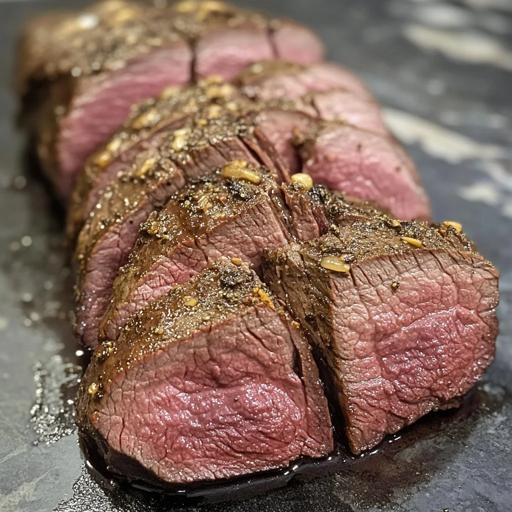 Crockpot Venison Backstrap served with vegetables in a rustic setting.