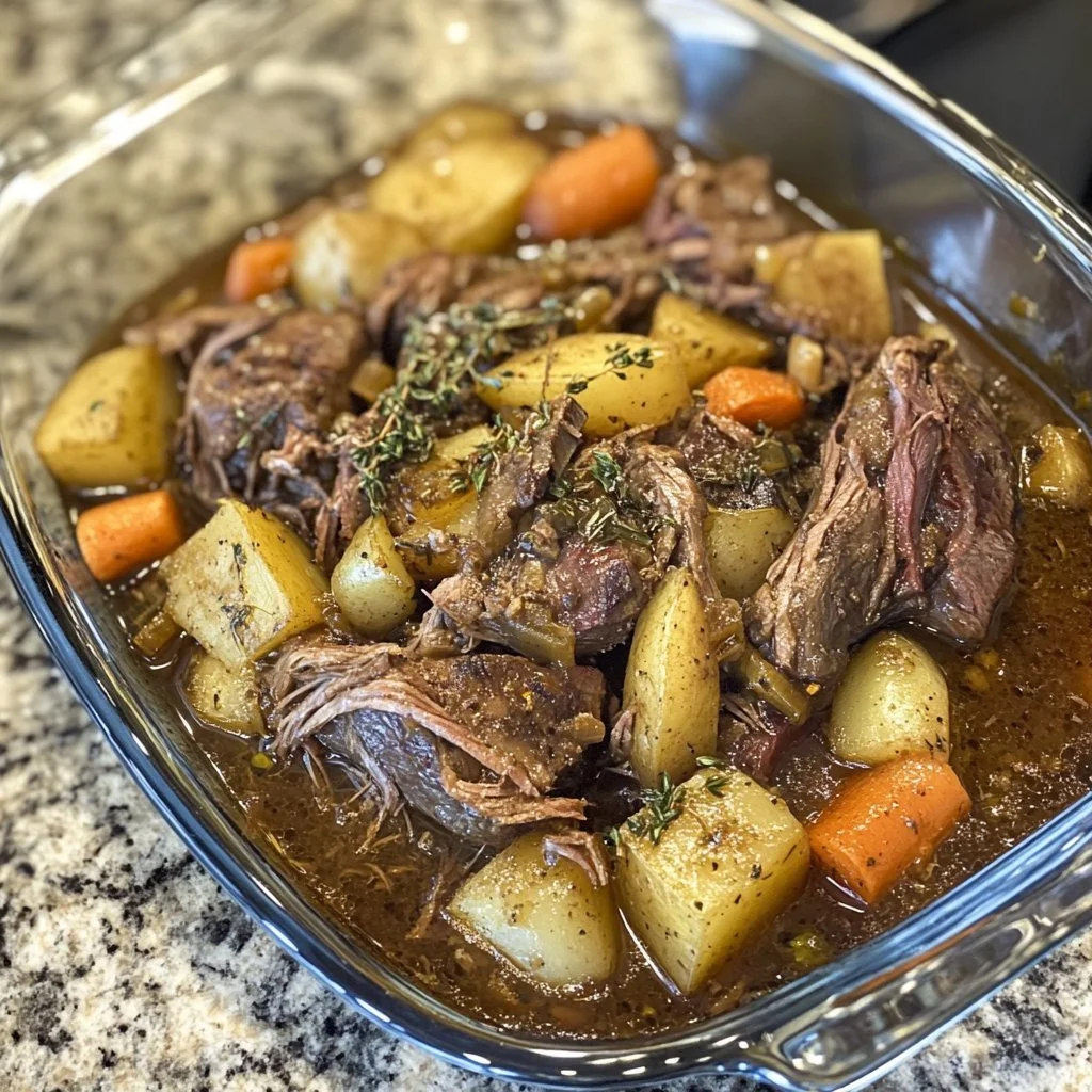 Crockpot venison pot roast with vegetables in a slow cooker