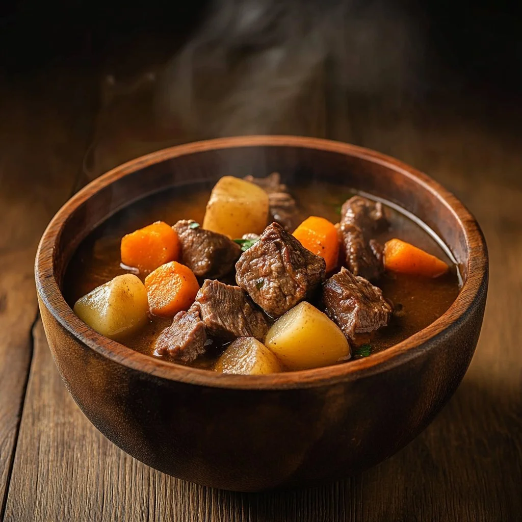 Delicious Crockpot venison stew simmering with vegetables and spices.