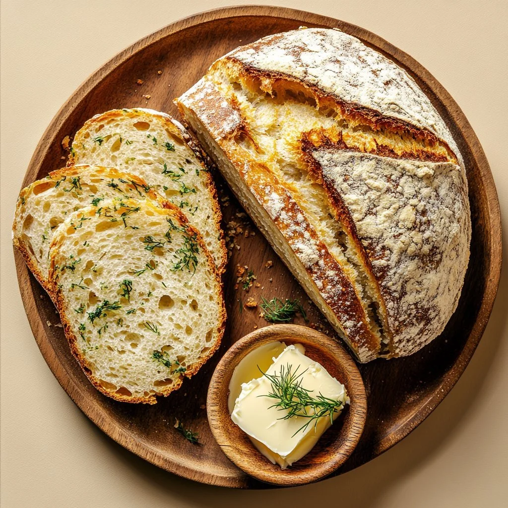 Crusty Dill Pickle Sourdough Bread loaf with dill pickles and herbs