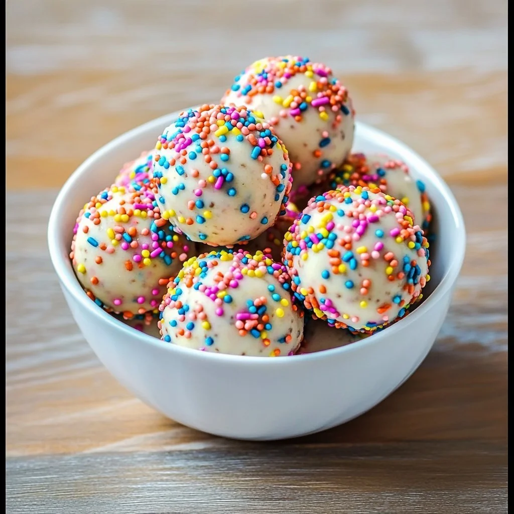 Decadent birthday cake protein balls with sprinkles and protein ingredients.
