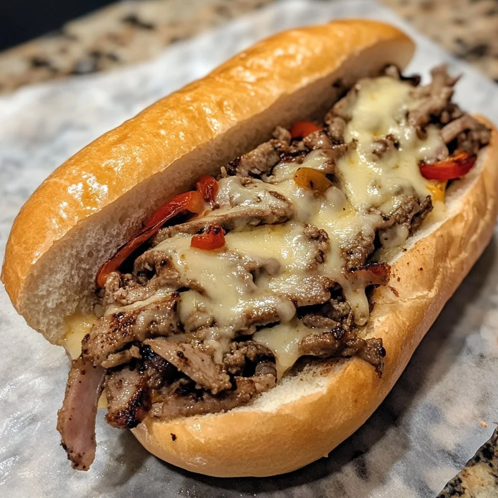 Delicious Easy Classic Philly Cheesesteak with peppers and onions stacked high