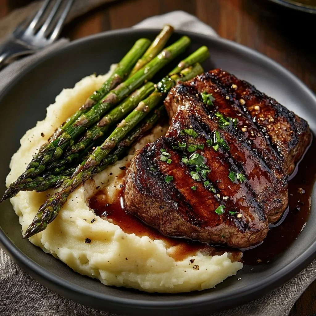 Plated gourmet steak with mashed potatoes and asparagus garnished with herbs