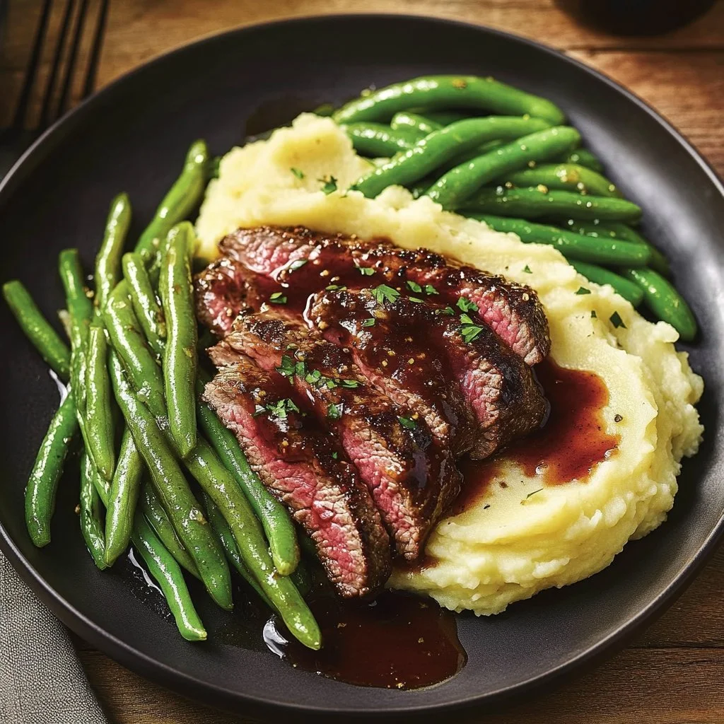 Delicious gourmet steak served with mashed potatoes and green beans