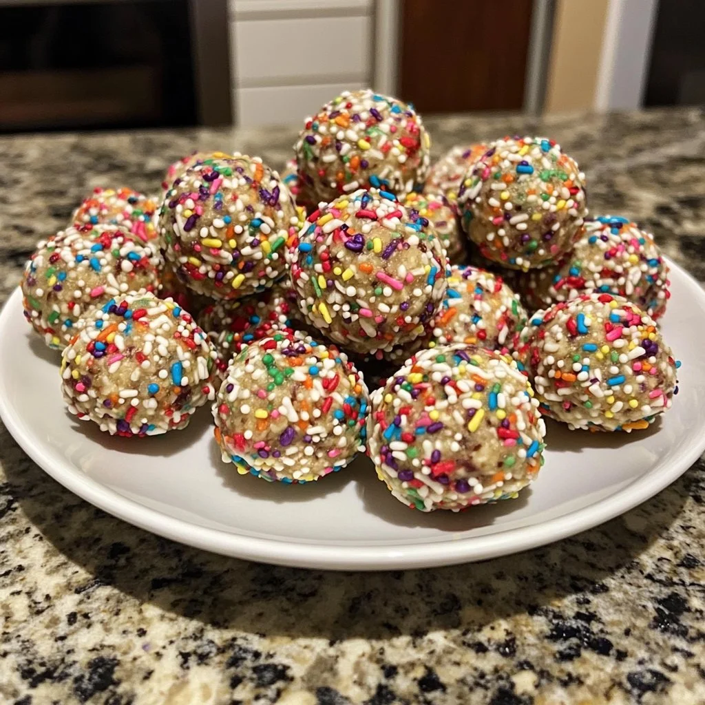 Easy no-bake birthday cake protein balls recipe for healthy snacking